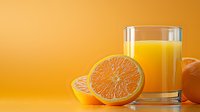 Fresh orange juice in glass with cut citrus fruits on vibrant orange background, healthy breakfast drink and vitamin C source for immune system boost.