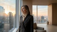 Professional businesswoman in suit looking out office window at city skyline during sunset, corporate executive contemplating future business opportunities.