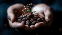 Young green sprout growing from soil in cupped hands with glowing geometric network pattern, symbolizing technology in agriculture and sustainable growth.