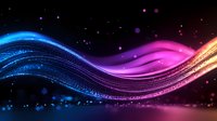 Glowing wavy lines with sparkles in blue, pink and gold colors flow across dark background creating dynamic abstract light effect for modern design projects.