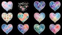 Assorted heart shapes with galaxy, floral, and watercolor designs isolated on transparent background, ready for t-shirt designs, stickers, clipart, sublimation, and print-on-demand products.