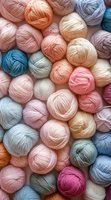 Soft pastel and blue yarn balls arranged in gentle composition, featuring delicate cotton and wool threads in peach, pink, cream and turquoise tones for crafting projects.