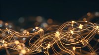Abstract golden light trails creating flowing waves with sparkling nodes against dark background for technology and network concepts.