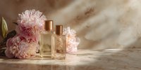 Elegant perfume bottles with pink peonies on marble surface in soft sunlight, creating luxurious beauty product composition.