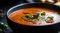 Creamy tomato soup garnished with fresh parsley and black pepper in dark ceramic bowl against rustic background, appetizing homemade comfort food.