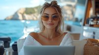 Young blonde woman in sunglasses working on laptop while relaxing on yacht with scenic coastal cliffs and blue sea in background, enjoying digital nomad lifestyle.