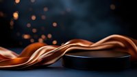 Flowing copper ribbon waves elegantly across dark surface with warm bokeh lights creating luxurious metallic abstract background for premium design projects.