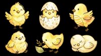Cute yellow chick characters isolated on transparent background. Perfect for t-shirt designs, clipart, stickers, print-on-demand products, sublimation projects and children's illustrations. Six adorable baby bird variations ready for design use.