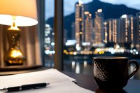 Cozy evening workspace with coffee mug, desk lamp, and documents against blurred city skyline view through window, creating atmospheric night work environment.