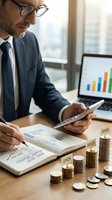Professional businessman analyzing financial data with smartphone and laptop, reviewing charts and coin stacks representing yearly growth from 2024 to 2030.