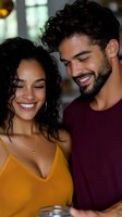 Young diverse couple sharing intimate moment and laughing together. African American woman in yellow top and Hispanic man in burgundy shirt expressing genuine joy.