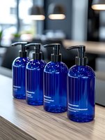 Blue glass pump bottles with black dispensers lined up on wooden surface, showing minimalist cosmetic packaging design for spa or salon products.