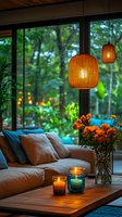 Cozy living room with woven pendant lamps, comfortable sofa, scented candles and orange flowers against panoramic windows overlooking lush garden at dusk.