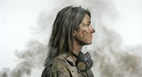 Post-apocalyptic survivor woman with gas mask and weathered clothing in dystopian wasteland setting for gaming and entertainment media projects.