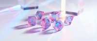Holographic iridescent dice set with rainbow reflections and prismatic light effects on white surface for gaming and tabletop role-playing adventures.