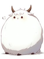Cute round fluffy white creature with small horns and kawaii face expression, drawn in anime style on white background for stickers and merchandise design.