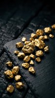 Raw gold nuggets scattered on dark slate surface showcasing natural precious metal mining treasure and wealth investment opportunities.