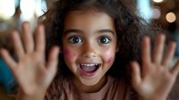 Young girl with curly dark hair showing excited expression with hands up against blurred background, displaying genuine joy and playful energy in natural lighting.