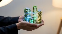 Hands holding transparent glass cube with green plants and water flowing inside, representing sustainable urban development and eco-friendly architecture for environmental concepts.