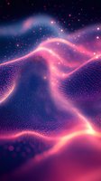 Abstract digital wave landscape with glowing pink and purple particle surface, flowing light streams and bokeh effects creating dynamic futuristic terrain.