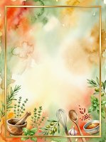 Watercolor cooking frame with fresh herbs, mortar and pestle, whisk, and spoon on warm autumn background, perfect for recipe cards, culinary blogs, and kitchen decor designs.