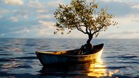 Solitary tree growing from wooden boat floating on calm ocean water at sunset, creating magical atmosphere with golden light reflection on rippling surface.