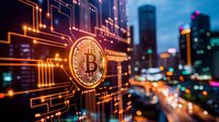 Glowing cryptocurrency symbol with digital circuit pattern against blurred urban nightscape, illuminated by orange and blue lights creating futuristic financial concept.