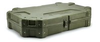 Military green tactical equipment case with secure latches and reinforced corners for professional gear storage and transport applications.