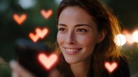 Young Caucasian woman with natural makeup smiling outdoors at sunset with glowing heart-shaped bokeh lights creating romantic dreamy atmosphere for Valentine's day concept.