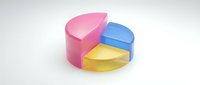 Colorful pie chart with pink blue and yellow segments on white background for business data visualization and financial reports.