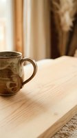 Rustic ceramic mug with warm patina sits on light wooden table near soft beige curtains, creating cozy morning atmosphere for home decor and lifestyle content.