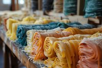 Colorful rolled fabric samples in textile store display, featuring vibrant yellow, turquoise, and peach tones arranged in neat rows, perfect for interior design and fashion projects.