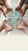 Multiple hands holding holographic wellness interface with balance scale and health metrics for mental health, meditation, and wellbeing applications.