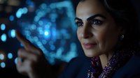 Young Middle Eastern businesswoman in dark blazer pointing at holographic interface with blue digital visualization, confident expression in low light.