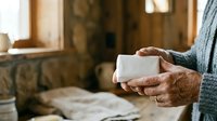 Senior adult with weathered hands holding white soap bar in rustic bathroom setting. Hygiene and personal care concept for wellness and daily routine applications.