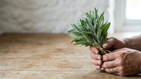 Male hands holding fresh green sage herb bundle on wooden surface with natural light.