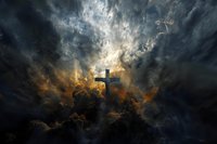 Dramatic silhouette of Christian cross against stormy sky with dark clouds and golden sunlight breaking through, creating spiritual atmosphere for religious themes.