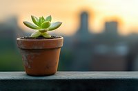 Small succulent plant growing in terracotta pot on urban balcony ledge at sunset with blurred city skyline background creating peaceful garden atmosphere.
