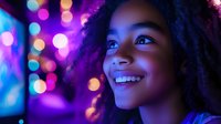 Happy young African American woman with curly hair smiling in colorful neon lights with bokeh background for nightlife and entertainment concepts.