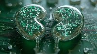 Glass heart shape split in two reveals glowing green circuit board patterns inside, placed on electronic motherboard surface with shallow depth of field.