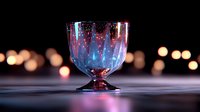 Mystical wine glass with pink and blue iridescent reflections against dark background with blurred bokeh lights, creating magical atmosphere for beverage photography.