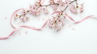 Cherry blossom branch with pink ribbon on white background for spring wedding invitations and romantic greeting cards design.