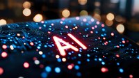Glowing AI symbol on circuit board with red and blue bokeh lights creates futuristic technology concept against dark background. Modern computing visualization.