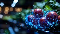 Glowing red spheres with magical blue sparkles and light effects against dark background, creating mystical holiday atmosphere. Bokeh lights add depth.