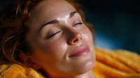 Young woman with closed eyes and serene expression resting on yellow fabric against dark background, showcasing natural beauty and peaceful meditation moment.