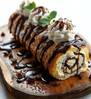 Chocolate cream roll cake with whipped topping, drizzled dark chocolate sauce and mint garnish on wooden board, close up view of sliced dessert pastry.