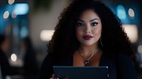 Young woman with curly hair and red lipstick looking at tablet device in evening setting with bokeh lights in background.