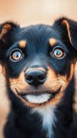 Close-up portrait of miniature pinscher mix puppy with bright blue eyes and black and tan coloring, showing friendly expression against blurred background.