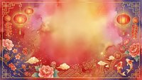 Festive gradient background with red, gold, and pink tones featuring hanging lanterns, peonies, clouds, and ornamental geometric borders for holiday celebrations and seasonal designs.