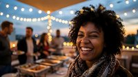 Happy African American woman laughing at outdoor evening party with string lights and friends celebrating in background during sunset gathering.